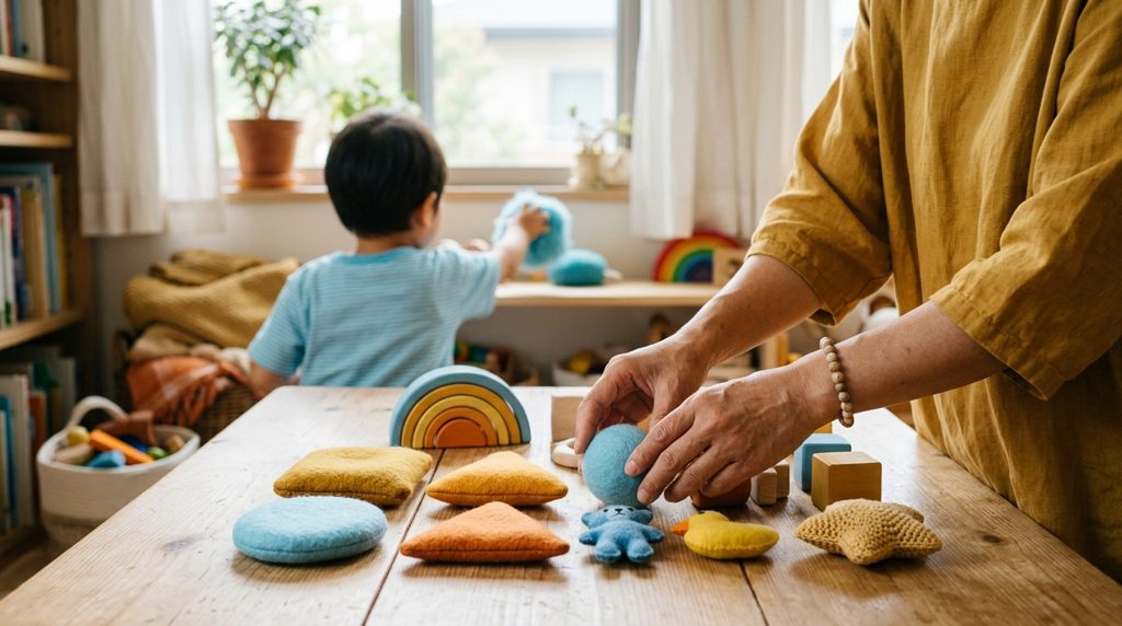 親が学習用具を並べ、子供が遊ぶ様子