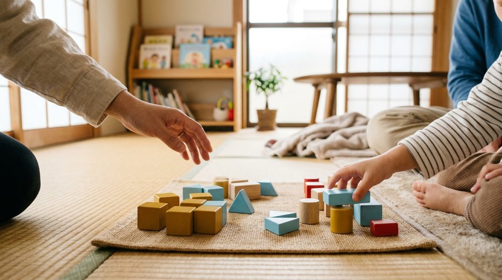子供の手がからし色と水色のブロックを動かす様子