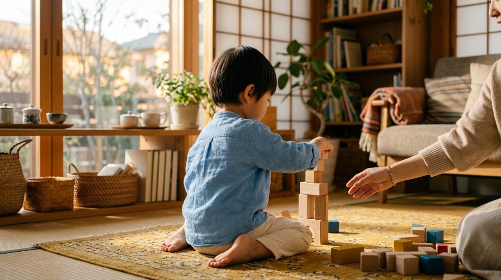 リビングでブロックで遊ぶ子供と親の腕
