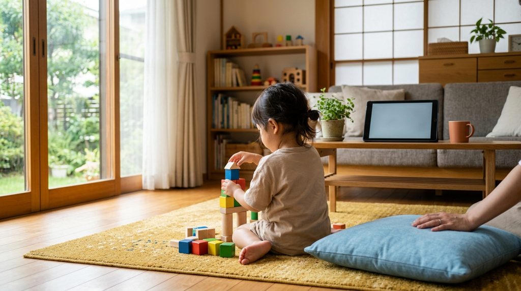 リビングで子がブロック遊びをし、親が隣で見守る様子
