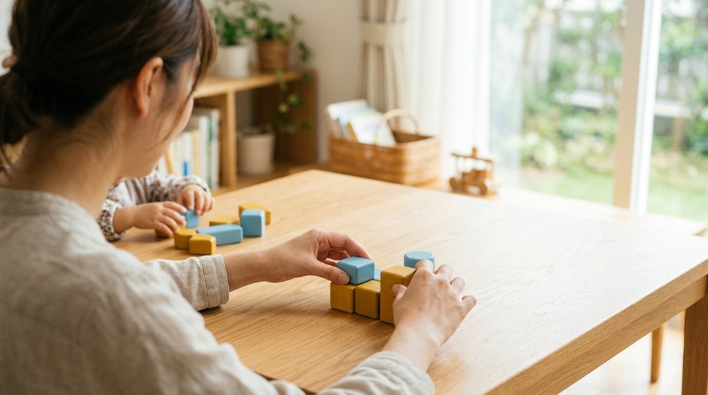 和やかなリビングで、親がカラフルなブロックを並べて考える様子。