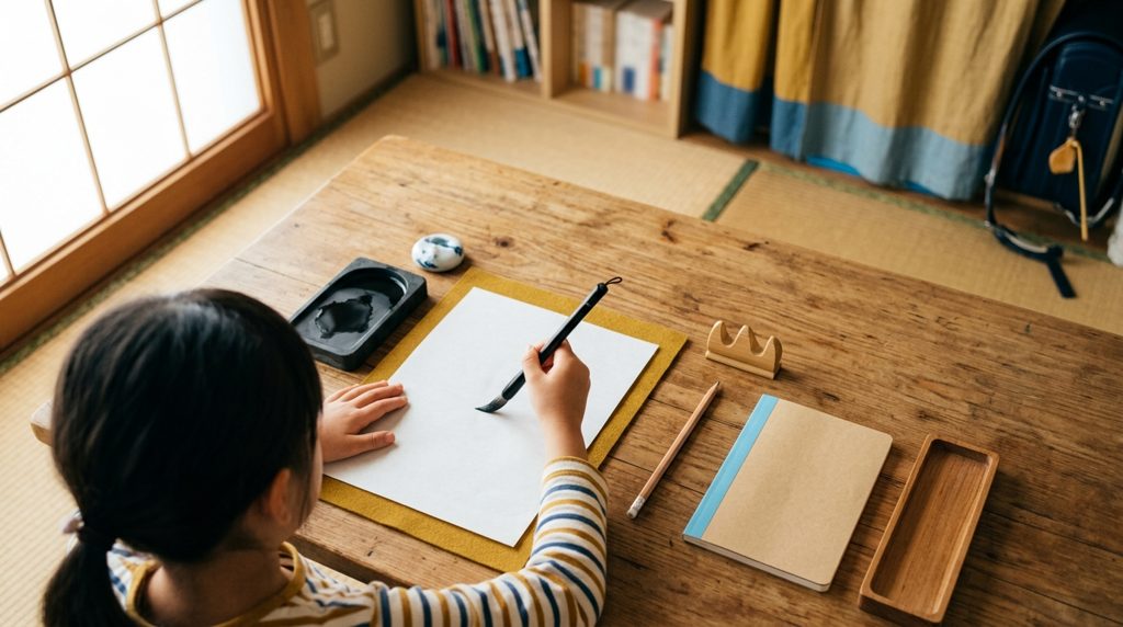 書道道具と鉛筆、紙に触れる子供の手