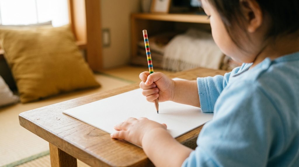日本のリビングで鉛筆を持つ幼児の手元