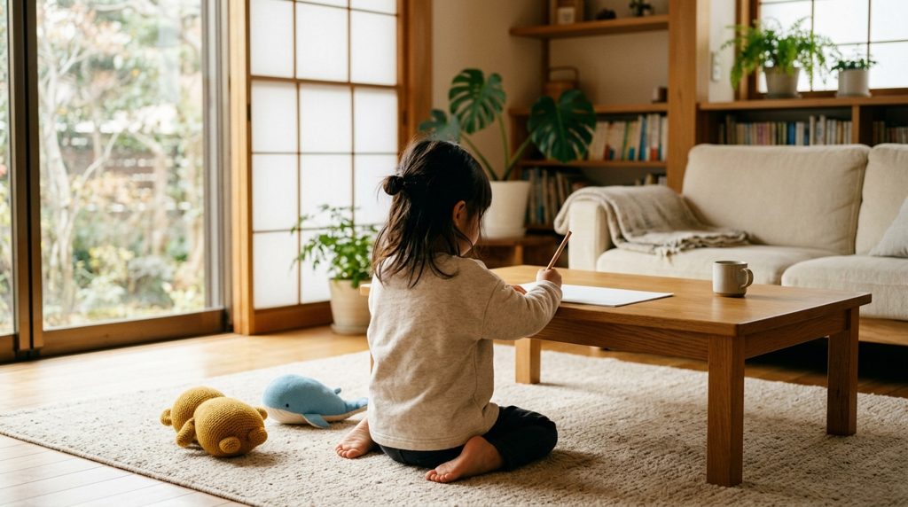 リビングで鉛筆を持つ子供の背中