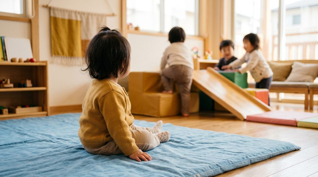 マットに座って順番を待つ幼児の後ろ姿