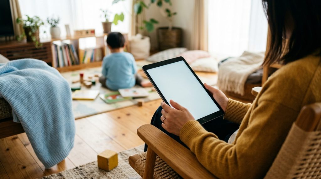 デジタルタブレットを持つ親の手元。リビングの背景には子どものおもちゃとブランケット。