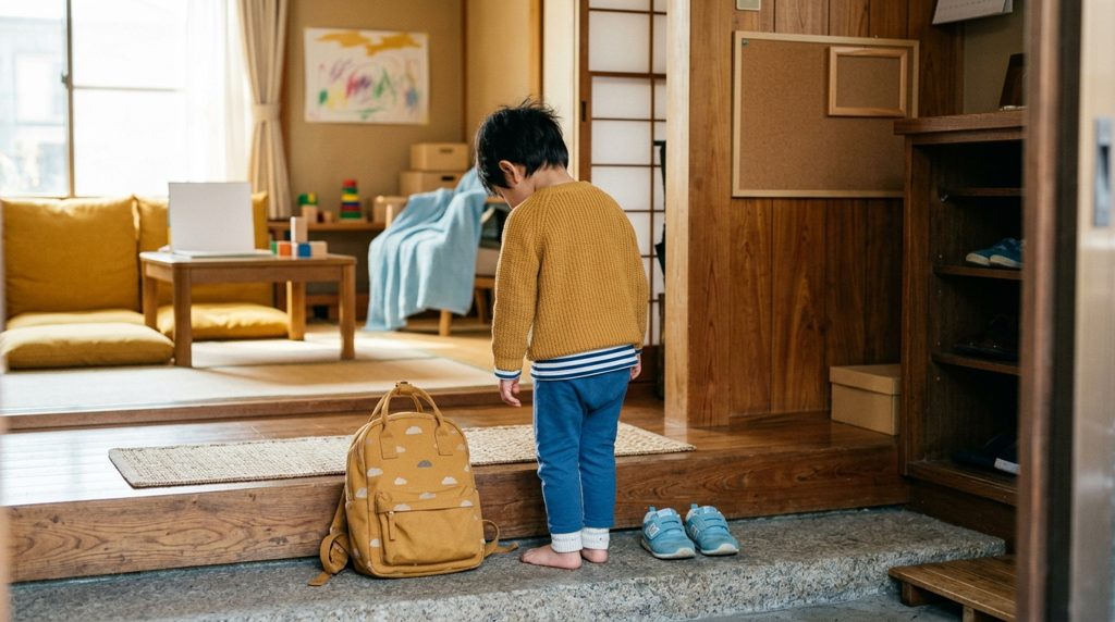日本家屋の玄関で、うなだれる子どもの背中