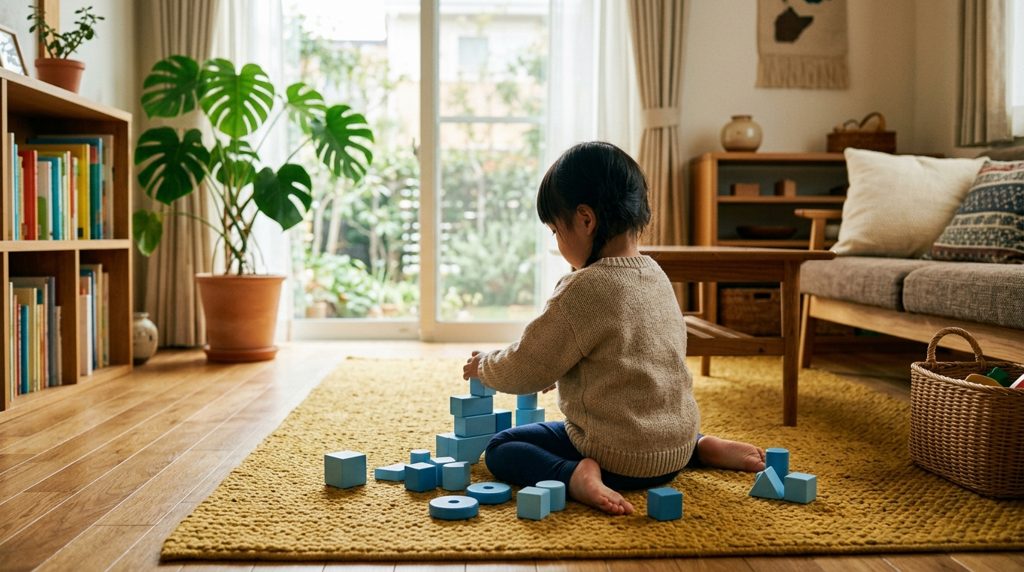 マスタード色のラグの上で知育おもちゃで遊ぶ子どもの背中とリビングルーム