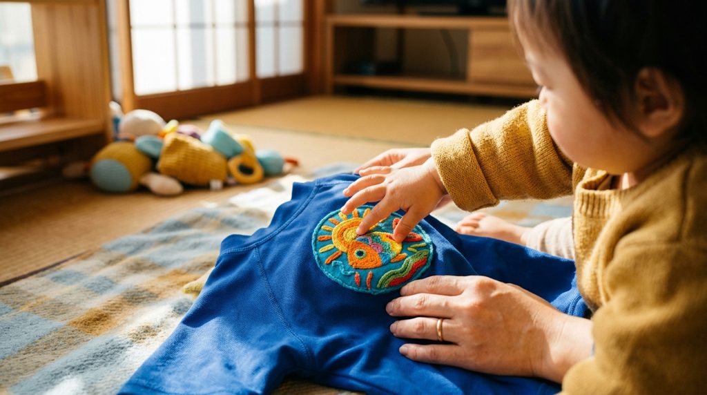 子どもの手が水着のワッペンに触れている様子
