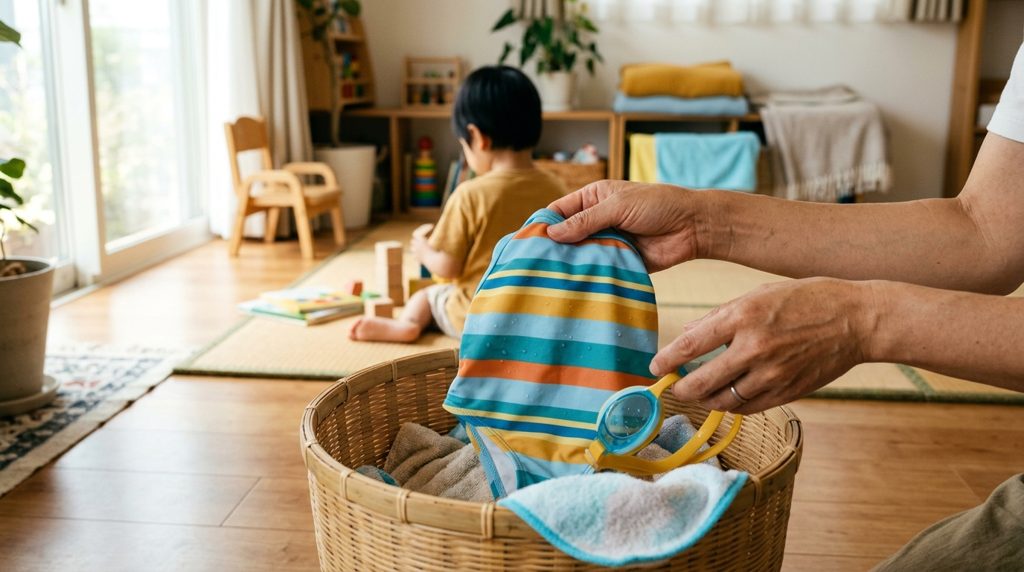 濡れた子供のスイミング用品を洗濯かごに入れる親の手元