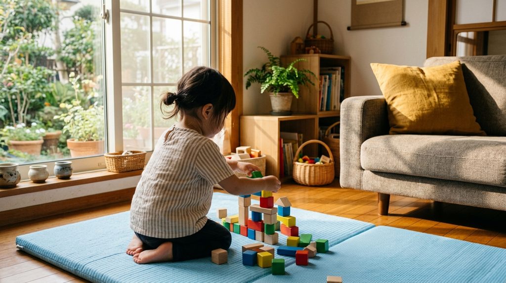 明るいリビングでブロックで遊ぶ子どもの手