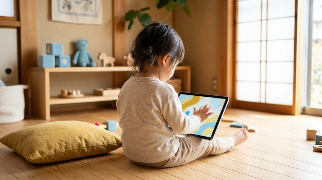 リビングの床でタブレットに触れる幼児の後ろ姿