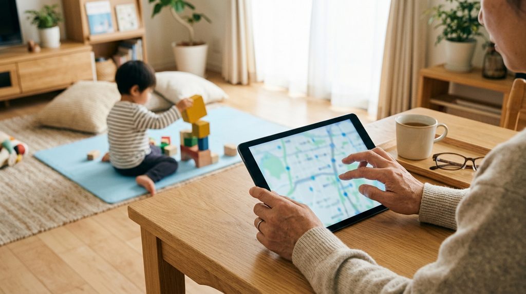 タブレットを操作する親の手元と、遊び道具と子供の後ろ姿。