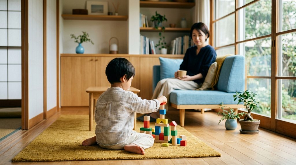 からし色のラグの上で積み木で遊ぶ子と、それを見守る親の後ろ姿
