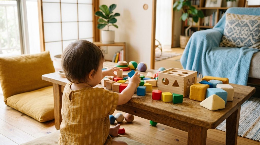 テーブルの上の知育玩具に触れる子どもの手元