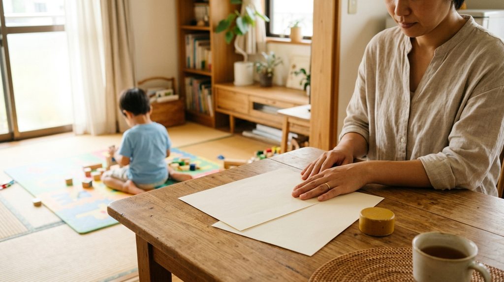 机の上の書類と、からし色の積み木に手を添える母親