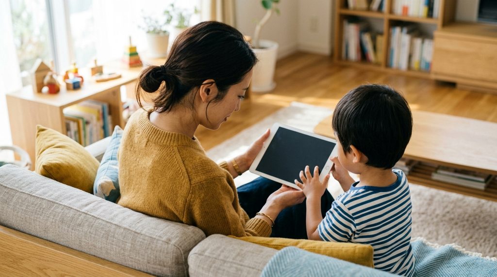 リビングでタブレットを見つめる親子