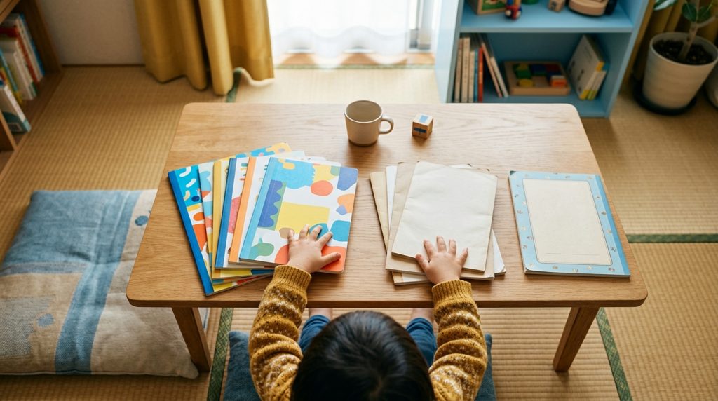 リビングのローテーブルに並んだ、子供向け学習資料と手のクローズアップ