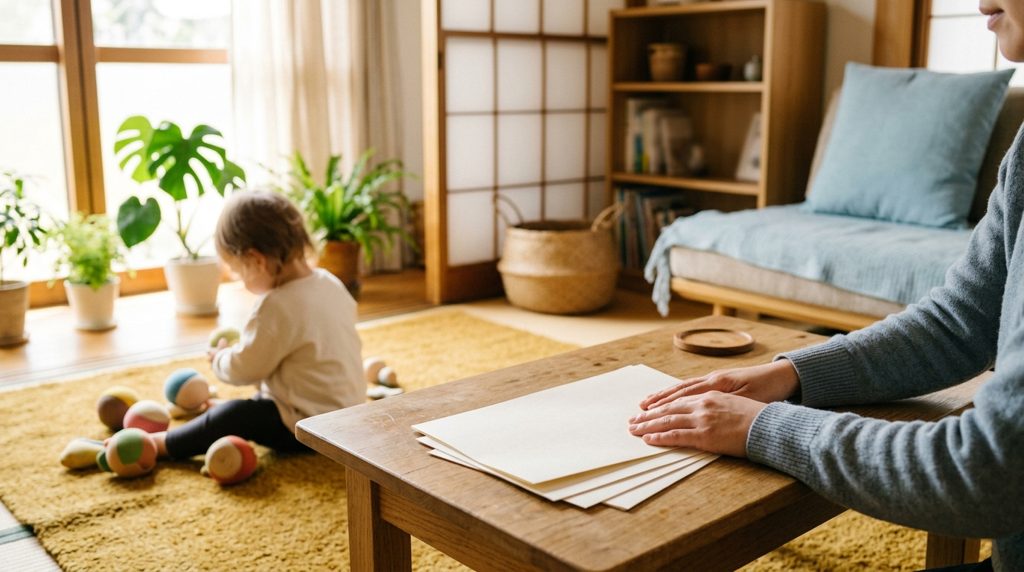 リビングで書類を広げる親の手元と遊ぶ子どもの様子