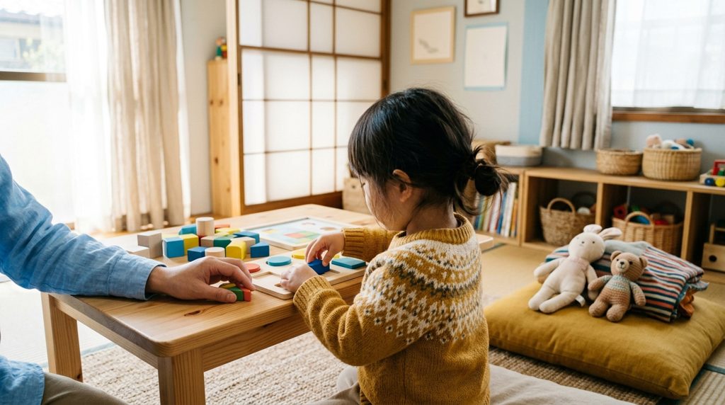 リビングで親子の手がおもちゃの教材を広げている様子