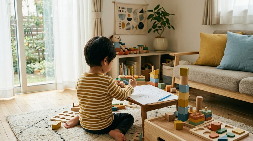 リビングで教材のおもちゃと紙のワークで遊ぶ子ども