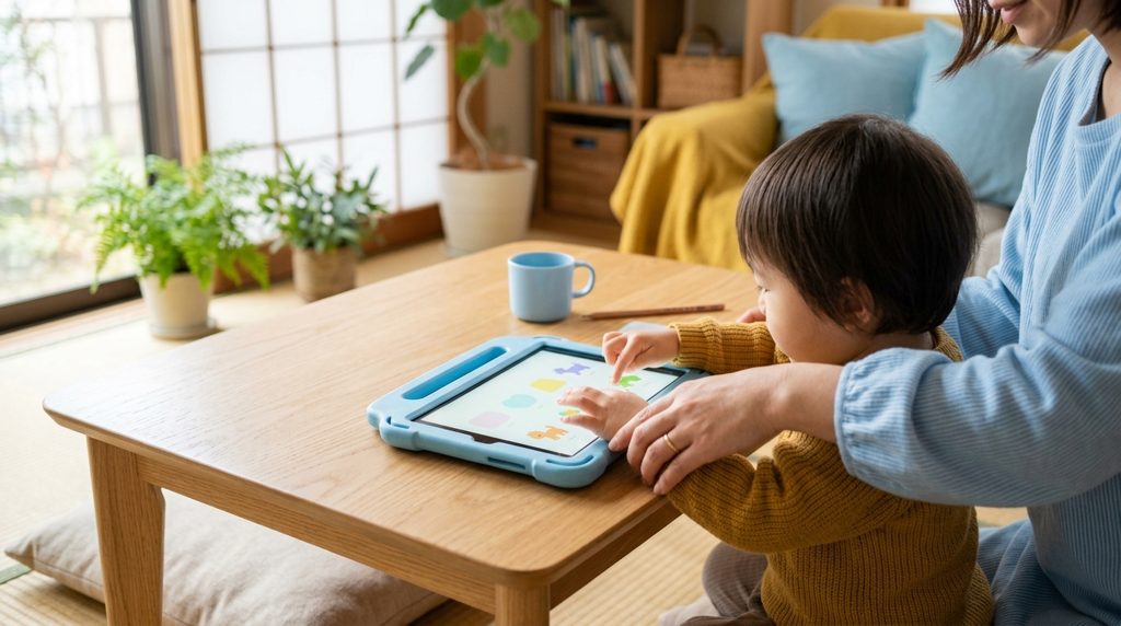 学習用タブレットに触れる子どもの手と親の手