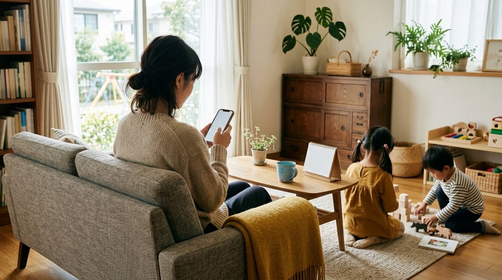 ソファに座りスマホを見る親とカレンダー