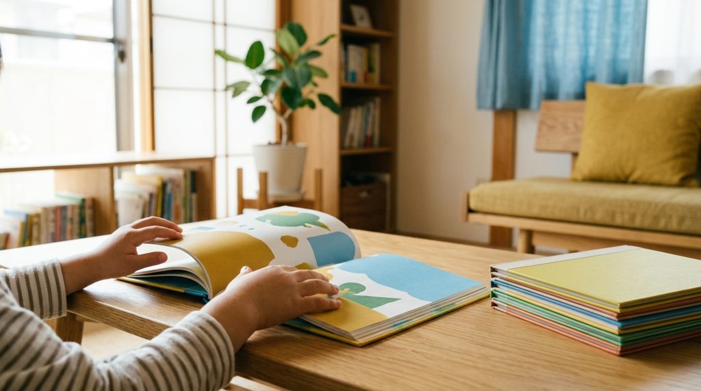 幼児がワークブックを開く手元