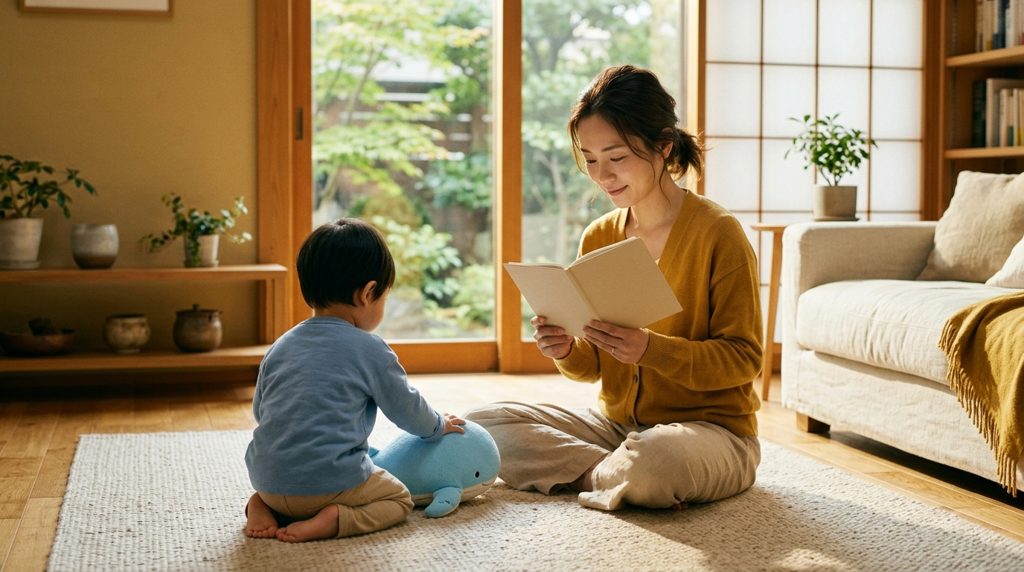 明るい和室で母子手帳を見る親と子どもの手元