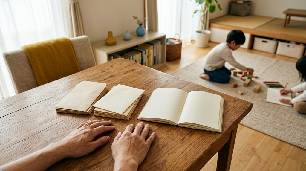 リビングのテーブルで二つの書類とカレンダーを見る親の手元