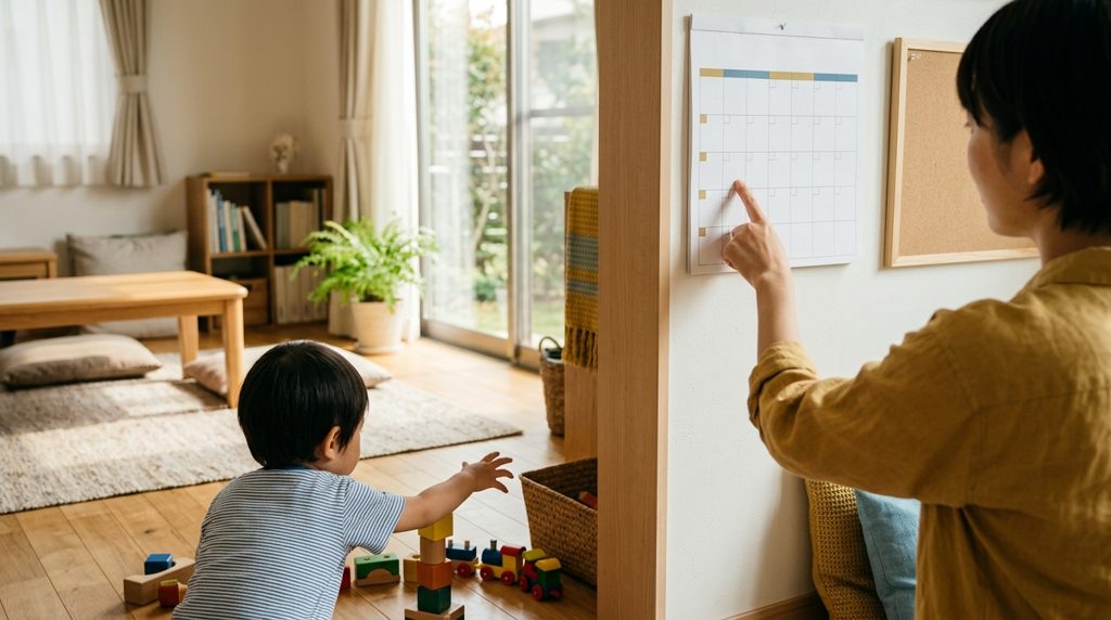 親がカレンダーを指さし、子供が床で遊んでいる様子。