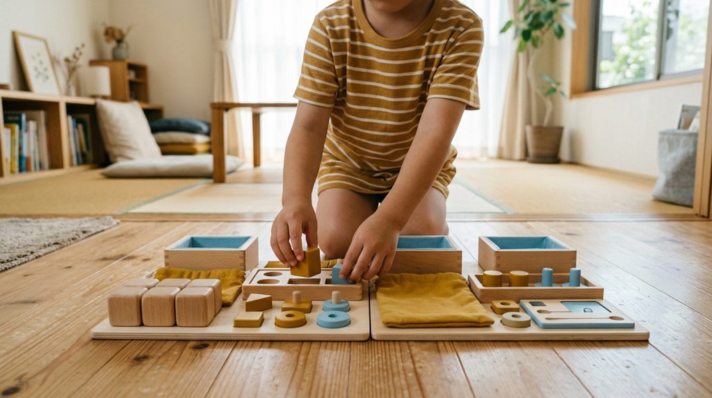2つの教材を並べる子どもの手元