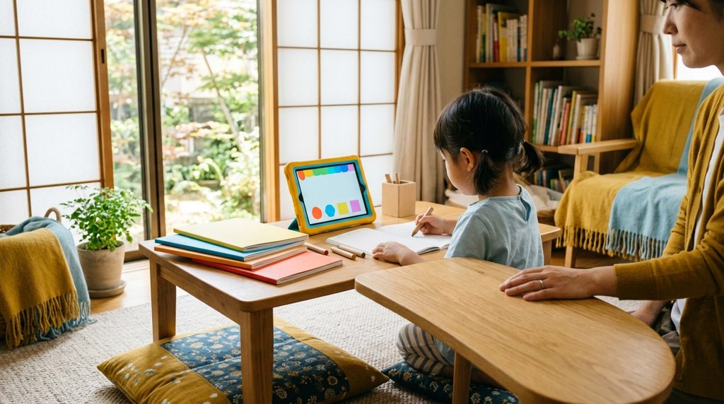 リビングでタブレットとワークに取り組む子どもと親の手元