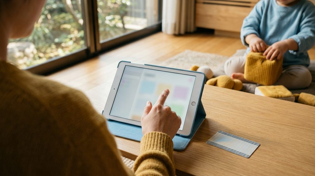 タブレット操作中の親と、遊ぶ子どもの手元