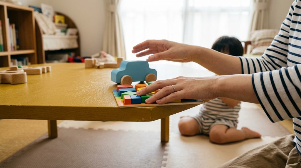 親の手に触れる教材と、ひざが見える子ども。