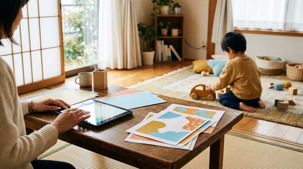 テーブルの上の教材を比べる親と、遊ぶ子どもの手元