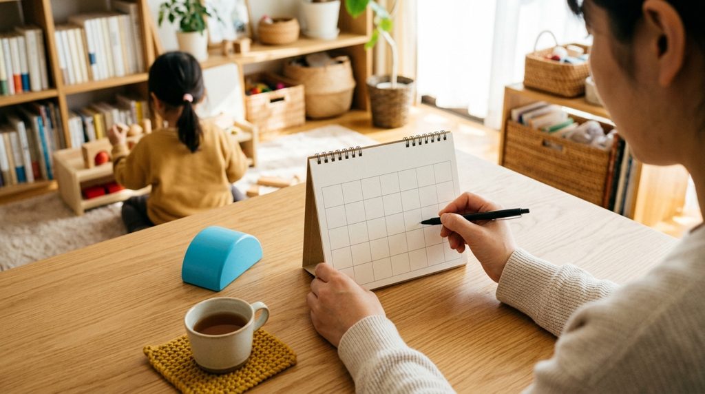 手帳に予定を書き込む親の手元
