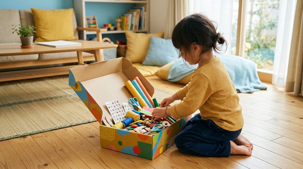リビングで子どもが教材の箱を開ける様子