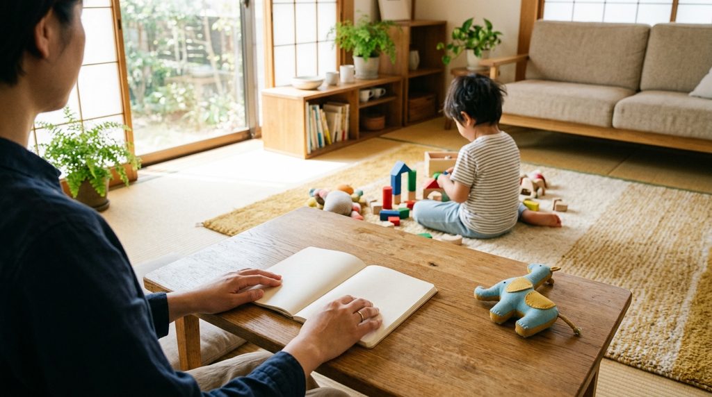 日本のリビングで、手帳を開いて考える親と遊ぶ子どもの後ろ姿
