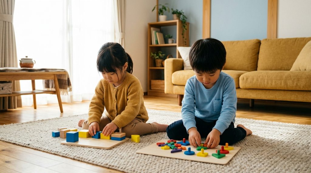 リビングでそれぞれ学習キットに向かうきょうだい