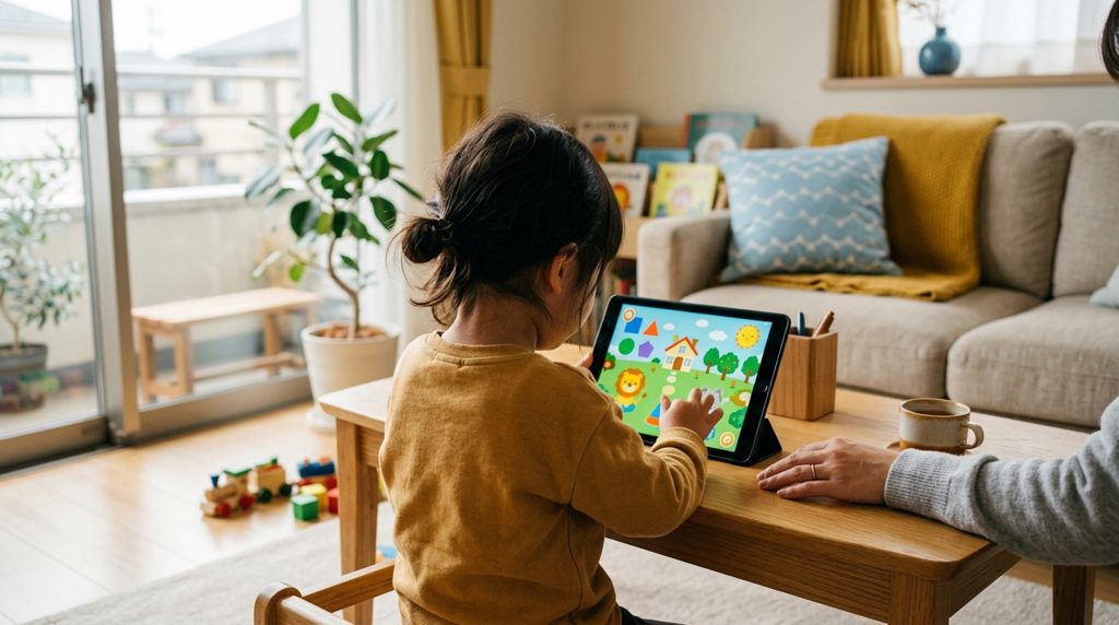 リビングで家庭のタブレットを使う子どもの後ろ姿