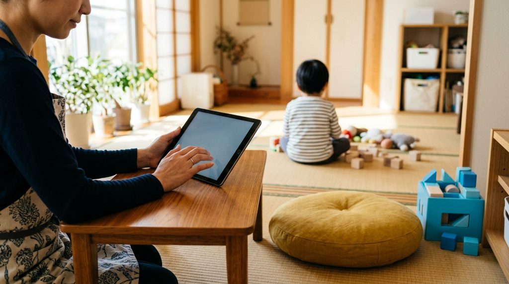 タブレットを操作する親の手と、遊ぶ子どもの後ろ姿