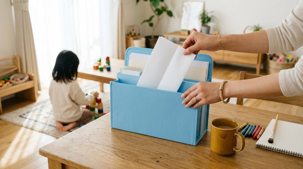 書類を整理する親の手元と、横に置かれた子供のお絵かき道具
