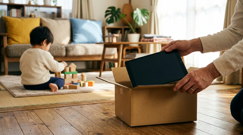リビングでタブレットを段ボール箱に入れる大人の手