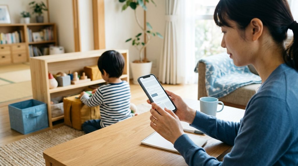 スマートフォンを操作する親と、床で遊ぶ子どもの後ろ姿