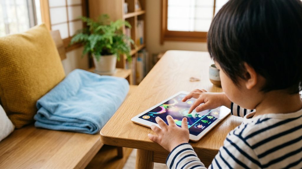 リビングでタブレットで遊ぶ子どもの手元