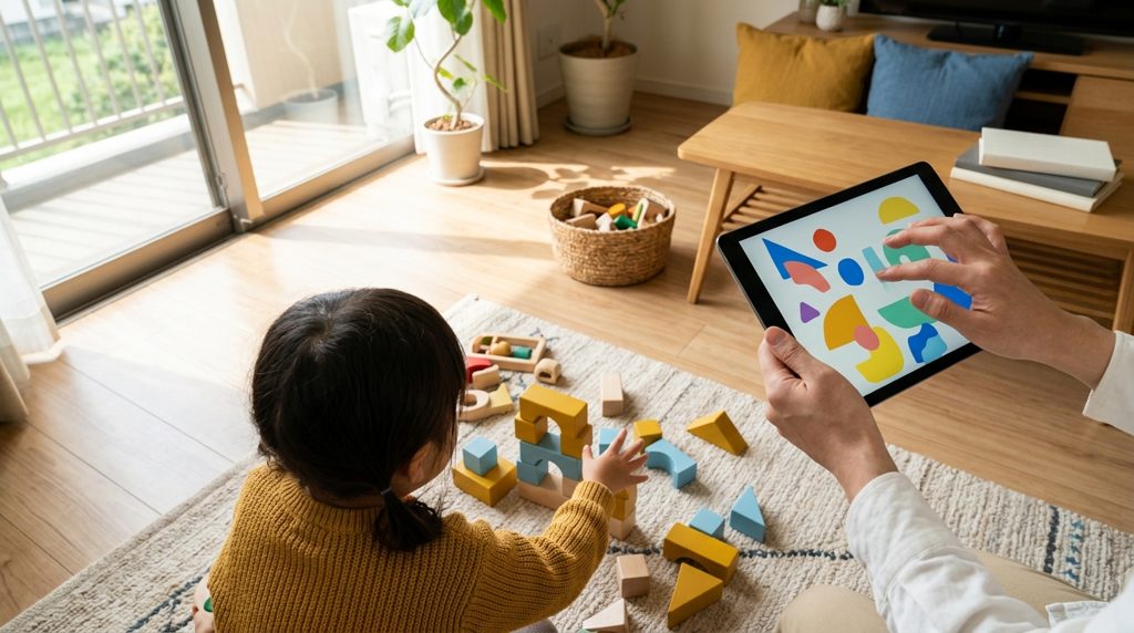 上から見た、タブレットを見る親の手とブロックで遊ぶ子どもの手