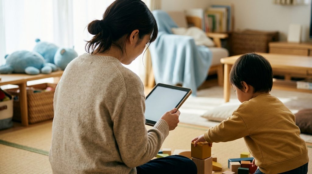リビングでタブレットを見る親と、近くで遊ぶ子どもの手
