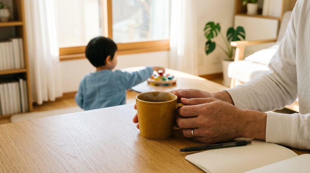 明るいリビングで、親がノートとペンを前にカラシ色のカップを持つ手元。