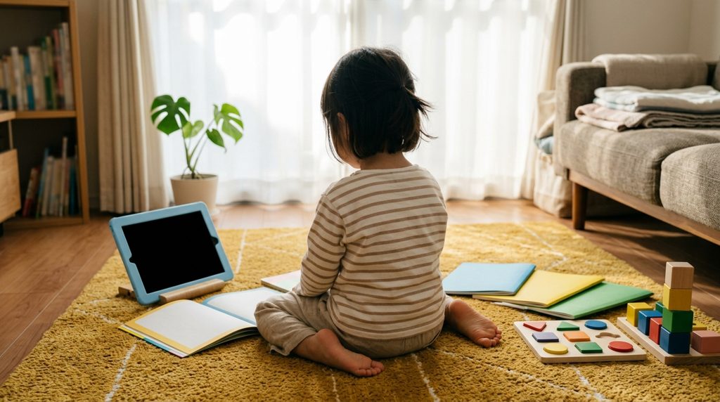 リビングでタブレットと教材を前に座る子どもの手元